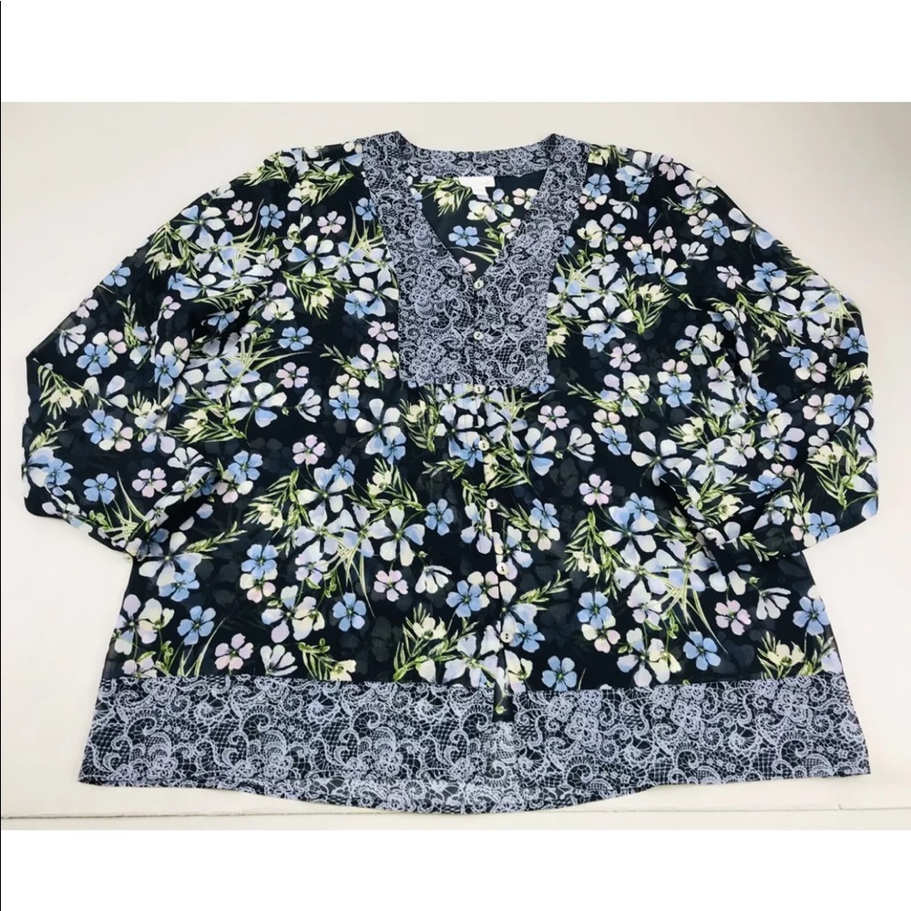 J Jill Floral Sheer V Neck Long Sleeve Blouse XL